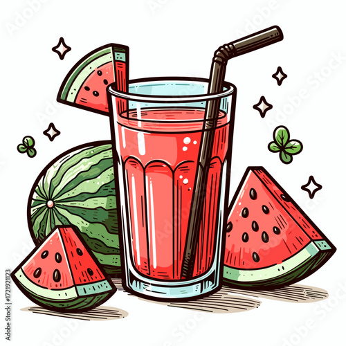 Glass of fresh watermelon juice on table