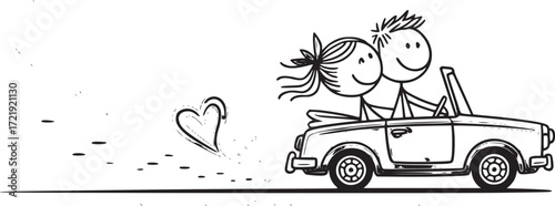 Love on the Open Road: A delightful illustration captures a couple in a vintage convertible, their hearts intertwined as they embark on a journey filled with love, freedom, and adventure.