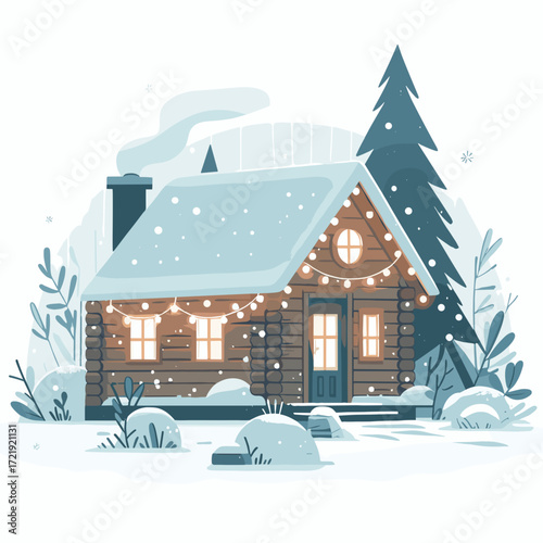 Winter cabin with lights in snowy forest