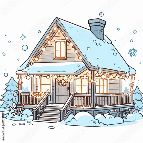 Winter cabin with lights in snowy forest
