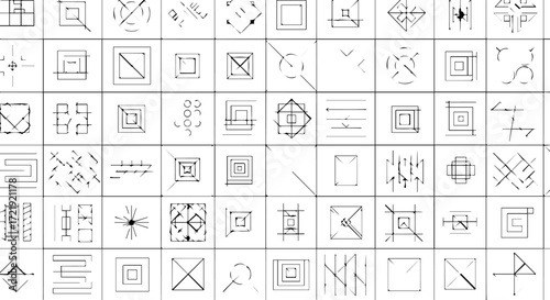 Varied collection of abstract black and white geometric patterns, showcasing minimalist square designs, intricate lines, and unique graphic elements for modern digital art projects