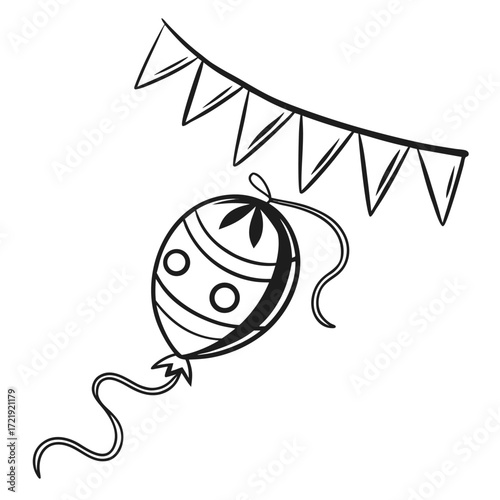 Black and white illustration of a balloon and bunting flags for a celebration party