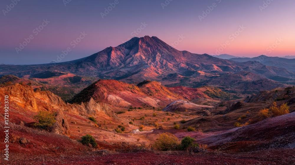 Obraz premium Vibrant sunset view of an active volcano surrounded by rugged terrain and colorful landscapes in a serene valley setting