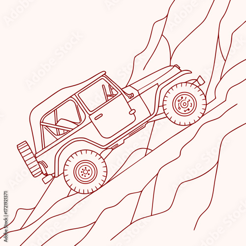 Vector art of a detailed line art illustration depicts an offroad vehicle navigating a challenging mountain slope, highlighting the ruggedness and capability of the vehicle