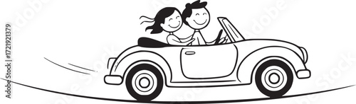 Couple Joyride: A happy couple cruises in a stylish convertible, capturing the spirit of adventure and freedom on a beautiful day. This vector image is perfect for projects on travel, relationships.
