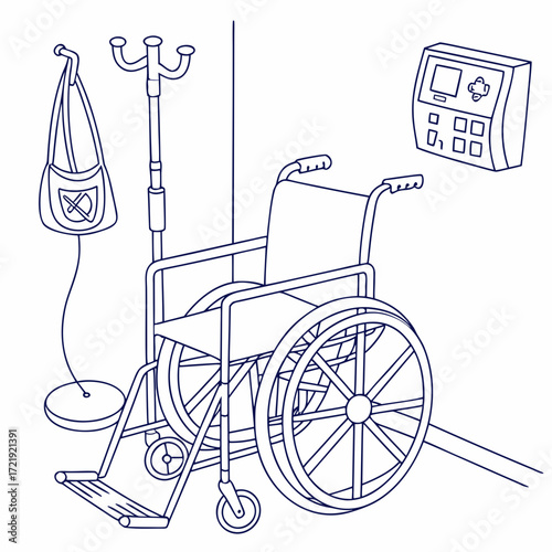 Vector art of a detailed line drawing of a wheelchair and medical equipment in a hospital room, , depicting healthcare and accessibility