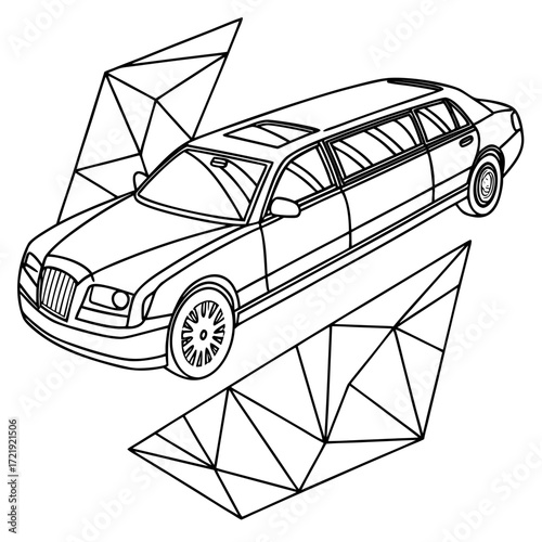 Vector art of a modern limousine is rendered in a clean line drawing, complemented by abstract triangular shapes, creating a contemporary and sophisticated visual