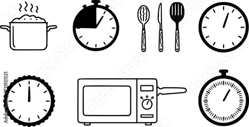 Cooking type and cooking time icon. The cooking time for food in a saucepan, microwave and oven. Instructions for packaging food products. Isolated vector elements. 

