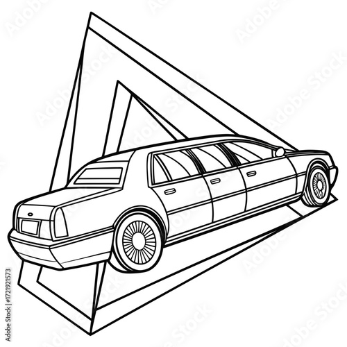 Vector art of a sleek limousine is depicted in a minimalist line drawing, set against a backdrop of geometric triangles, creating a modern and stylish composition
