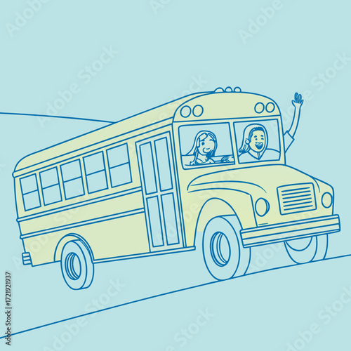 Vector art of classic yellow school bus transporting students, with two cheerful girls waving from the windows, symbolizing education, community, and the journey to school
