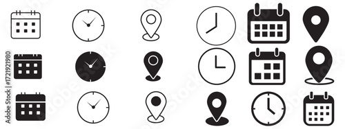 time location calendar icon set. Address, notification bell. clock sign. location pin signs. Calendar icon symbol. Location place, date reminder. Vector