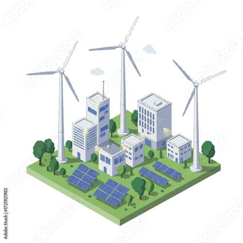 Isometric vector illustration of a sustainable smart city powered by renewable green energy from wind turbines and solar panels