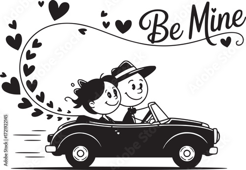 Be Mine Couple: A charming cartoon couple, intertwined with loving hearts and whimsical design, speeding into an adventure of love in their convertible. Perfect for spreading affection and joy.