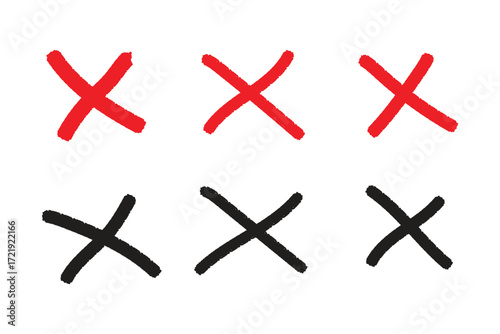 Three red and three black x marks on white background