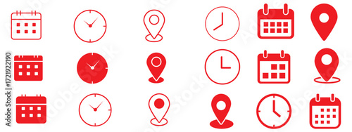 time location calendar icon set. Address, notification bell. clock sign. location pin signs. Calendar icon symbol. Location place, date reminder. Vector