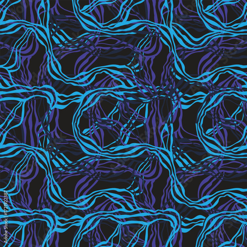 Abstract blue and purple wave patterns intertwined on a dark background, creating a dynamic, fluid design.