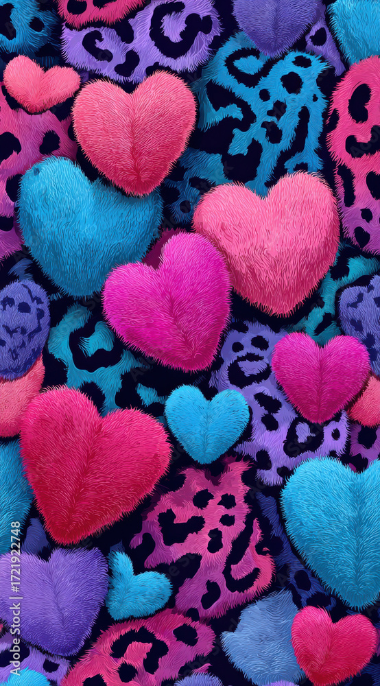 Obraz premium Brightly colored hearts in various sizes and shapes on a patterned background create a playful and whimsical atmosphere