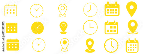 time location calendar icon set. Address, notification bell. clock sign. location pin signs. Calendar icon symbol. Location place, date reminder. Vector