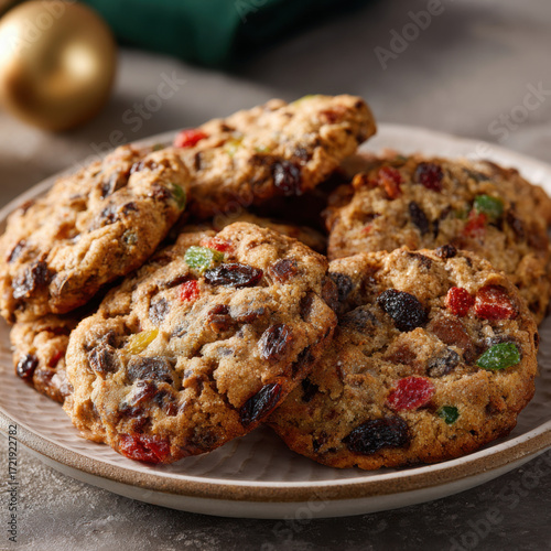 Colorful cookies with dried fruits and nuts on a decorative plate during a festive gathering in a cozy kitchen setting
