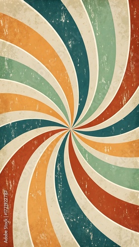 Abstract vintage-style background with a retro pinwheel swirl pattern in muted colors and a distressed texture, perfect for design, art, and nostalgic themes.

