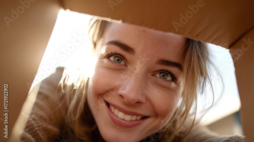 Smiling woman looking through a cardboard box in bright sunlight during a cheerful outdoor activity