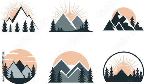 Minimalist mountain landscape vector, pine tree silhouettes, sunset nature scene, outdoor illustration set, blue and peach color scheme, scenic design