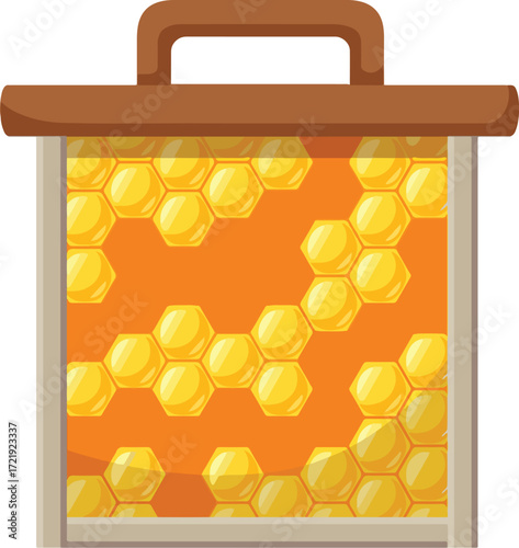 Honeycomb frame filled with golden honey in hexagonal cells