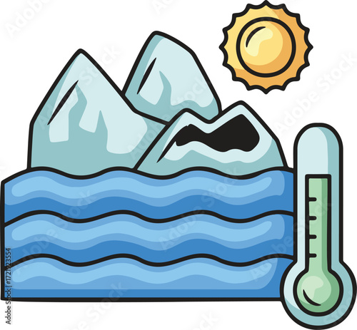 Iceberg melting in the ocean under the sun with a thermometer