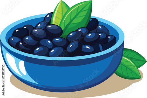 Blue bowl filled with black beans and green leaves