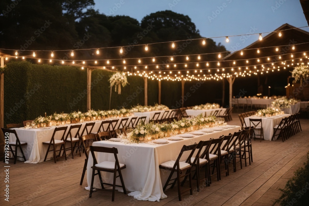 Naklejka premium Elegante Hochzeitstafel unter Lichterketten im Freien, mit weißen Blumen und Kerzen