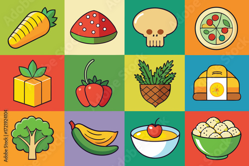 Assortment of Flat Design Food and Produce Icons fruits