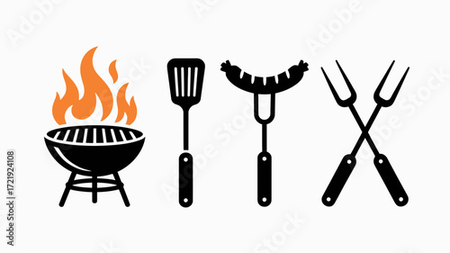 Barbecue Grill with Spatula and Sausages Icon for BBQ and Outdoor Cooking Design