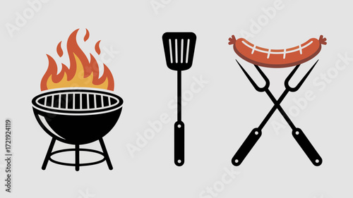 Barbecue Grill with Spatula and Sausages Icon for BBQ and Outdoor Cooking Design