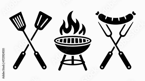 Barbecue Grill with Spatula and Sausages Icon for BBQ and Outdoor Cooking Design