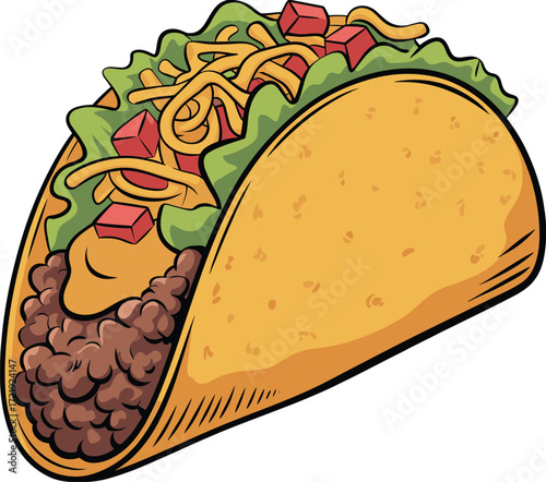 Taco illustration, Mexican food drawing, crunchy shell, ground beef, shredded cheese, lettuce, tomato, hand drawn snack, vector cuisine art