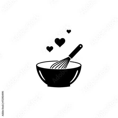 Mixing Bowl with Whisk and Hearts Icon for Cooking and Baking Love Design