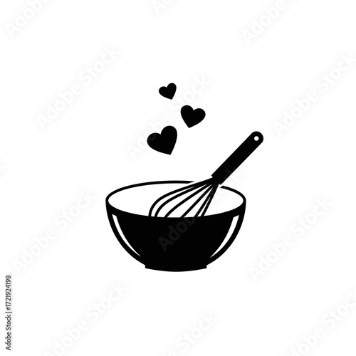 Mixing Bowl with Whisk and Hearts Icon for Cooking and Baking Love Design