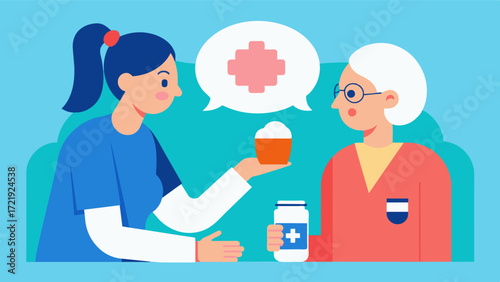 A nurse demonstrating proper medication administration techniques to an elderly person at a memory clinic to manage the symptoms of dementia.. Vector illustration