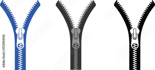 Zipper illustration set, vertical fashion hardware, colorful pull tabs, clothing accessory design, vector drawing, textile detail, garment closure art