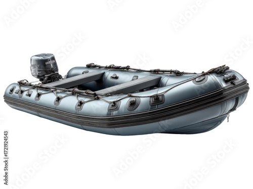 Isolated Gray Inflatable Boat with Outboard Motor on Transparent Background