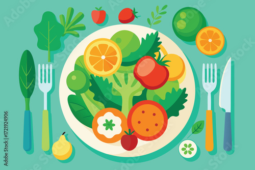 Top View of Healthy Meal with Fruits and Vegetables on Plate