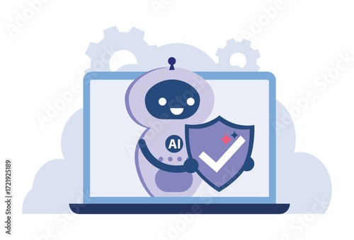 AI security and digital protection. An AI robot safeguarding a laptop with a digital shield.