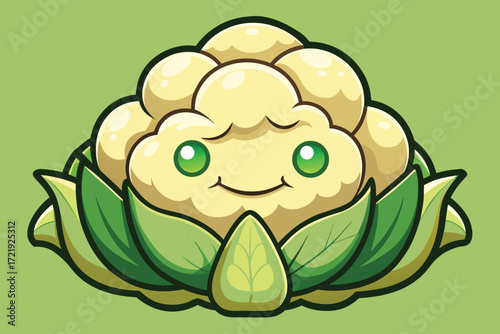 Content cauliflower character with green leaves vegetable
