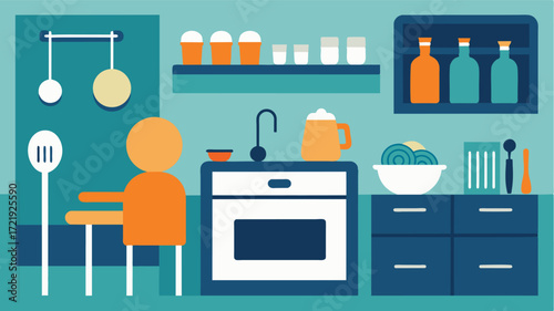 A fully equipped and organized kitchen with easytoreach utensils and clearly labeled cabinets creating a stressfree environment for a person with dementia to navigate their daily. Vector illustration