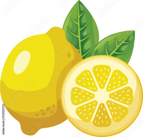 Two lemons one whole one sliced with two green leaves
