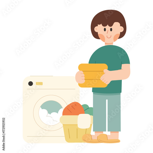 Vector cartoon illustration of a young woman doing laundry with a washing machine. Household chores, domestic life, and work from home concept.
