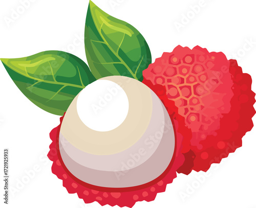 Two lychee fruits one peeled with green leaves