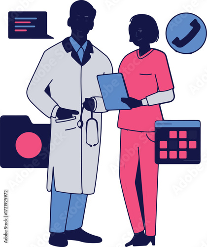 Two medical professionals stand with digital aids