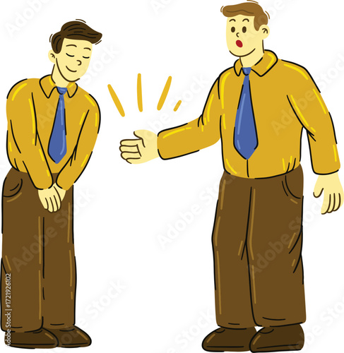 Two men in yellow shirts and brown pants one bowing
