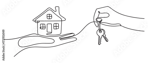 Drawing a continuous line of the house on the hand with the keys. one line Icon drawing with white background